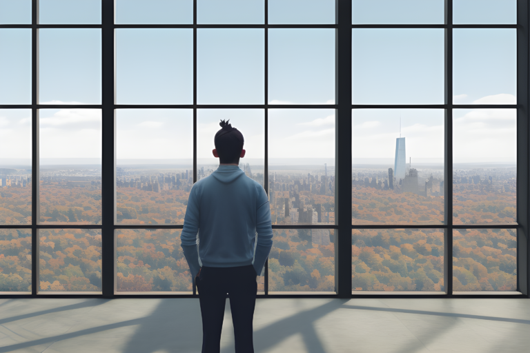 A Man Standing near huge Glass Windows in a huge Office, admiring the Manhattan Central Park, Happy, Successful, Better Tomorrow, High on bliss,
